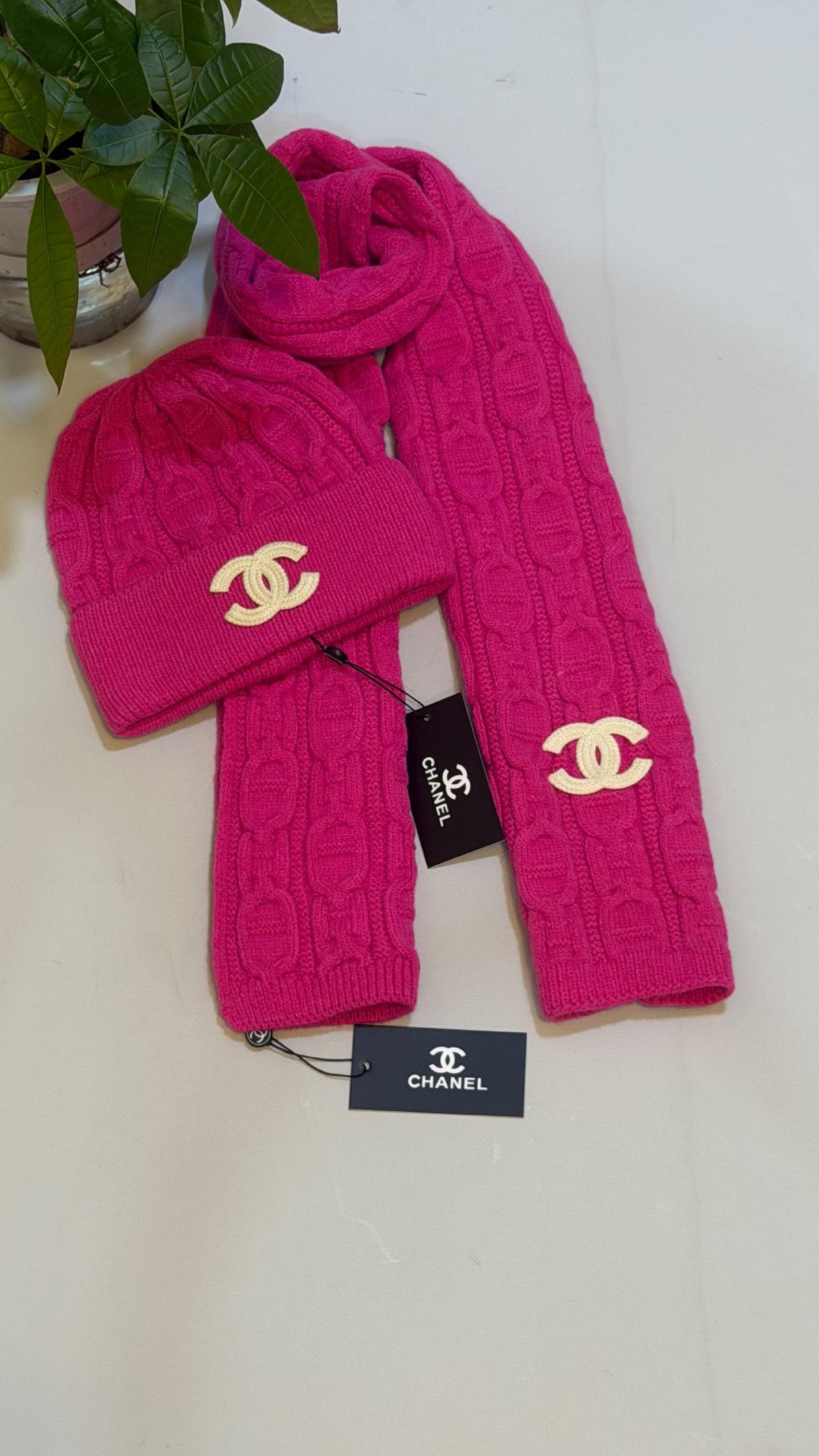 Chanel Cable Knit Scarf & Beanie - Pink