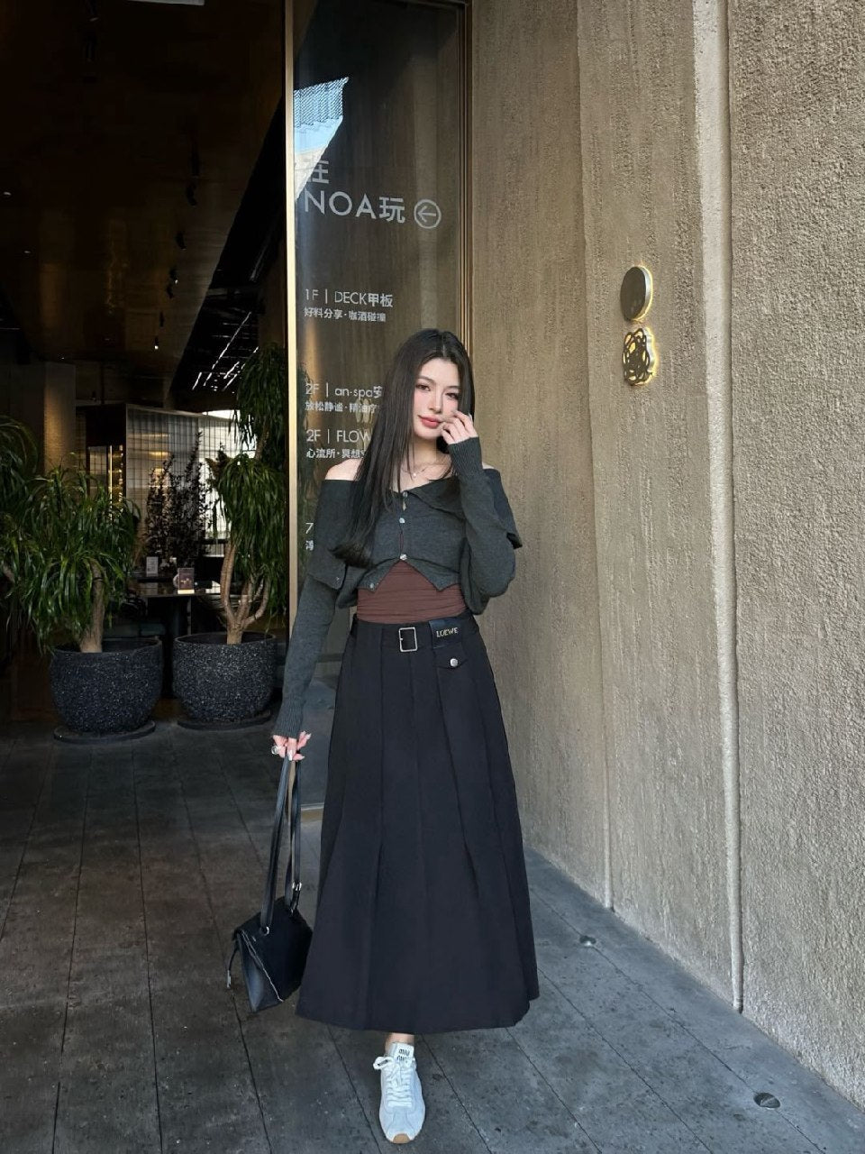 Loewe Pleated Belted Skirt - Grey, Black