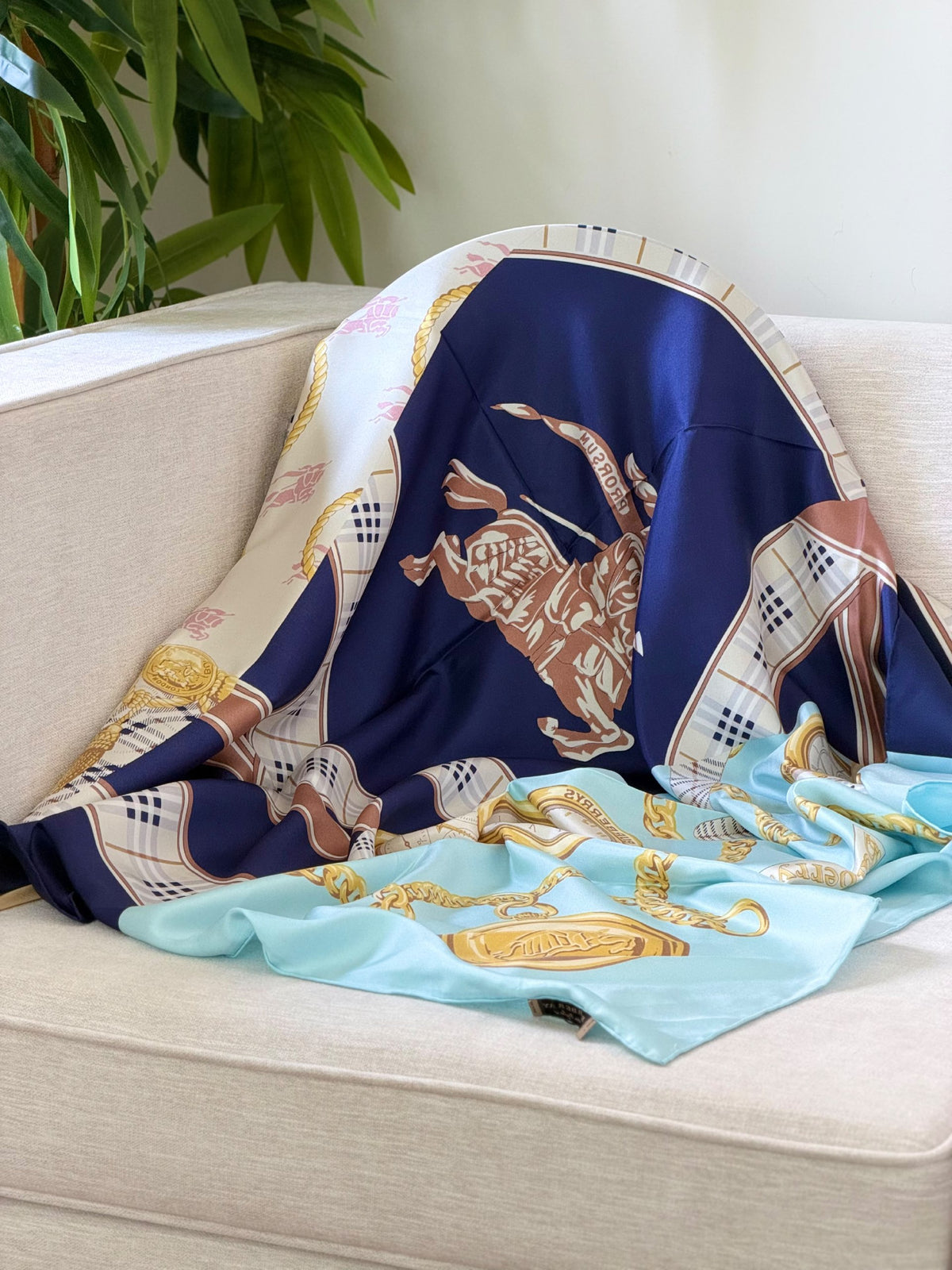 Hermès Silk Scarf Navy Equestrian Print - Navy
