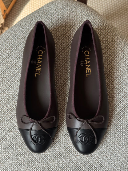 Chanel Bow Ballerinas - Brown & Black Embossed
