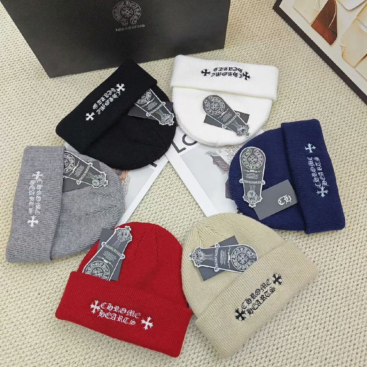Chrome Hearts Beanie Cross Letter - Black, White, Grey, Blue, Red, Beige