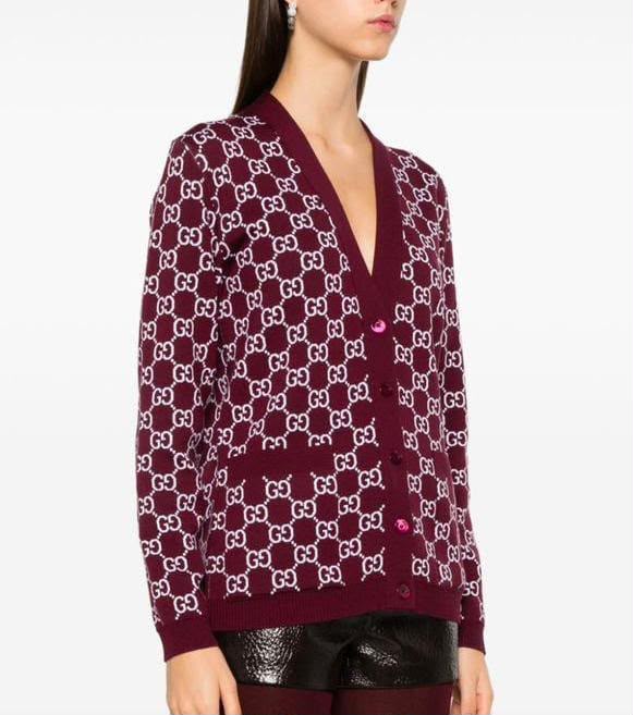 Gucci V-Neck GG Cardigan - Burgundy