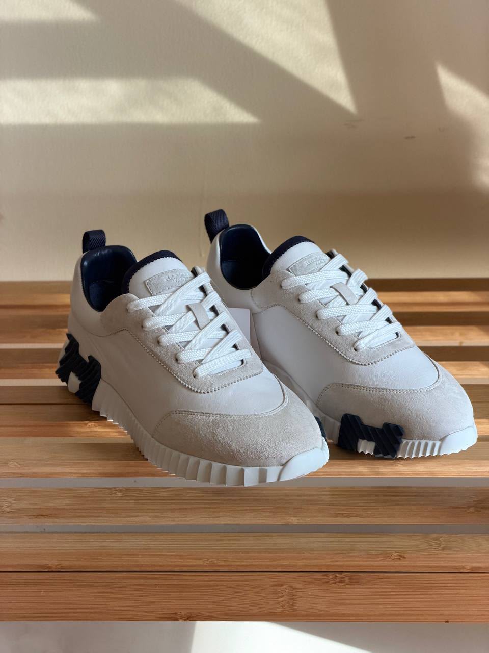 Hermes Ribbed Sole Sneakers - White & Beige