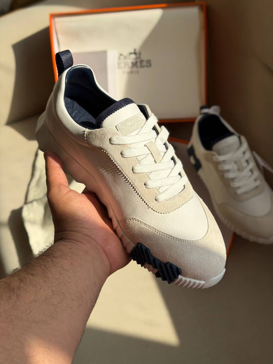 Hermes Ribbed Sole Sneakers - White & Beige