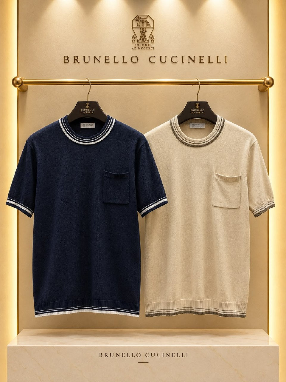 Brunello Cucinelli Knitted T-Shirt - Navy, Beige