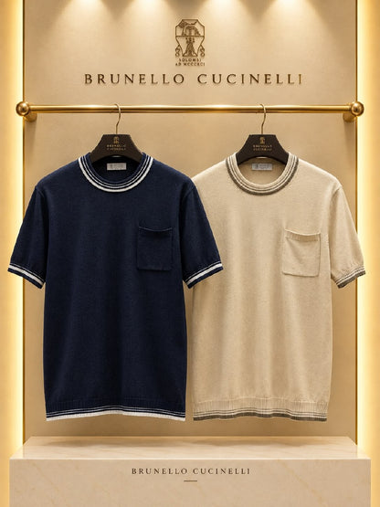 Brunello Cucinelli Knitted T-Shirt - Navy, Beige
