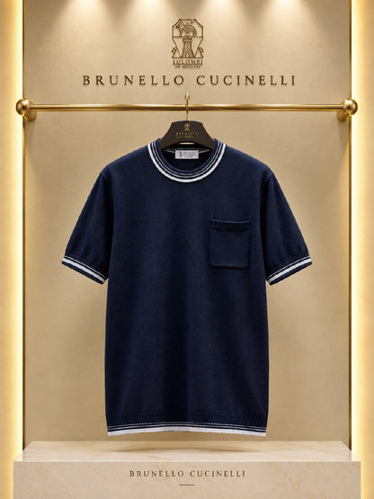 Brunello Cucinelli Knitted T-Shirt - Navy, Beige