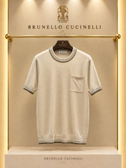 Brunello Cucinelli Knitted T-Shirt - Navy, Beige