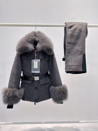 Moncler Belted Flap-Pocket Jacket - Dark Grey, White