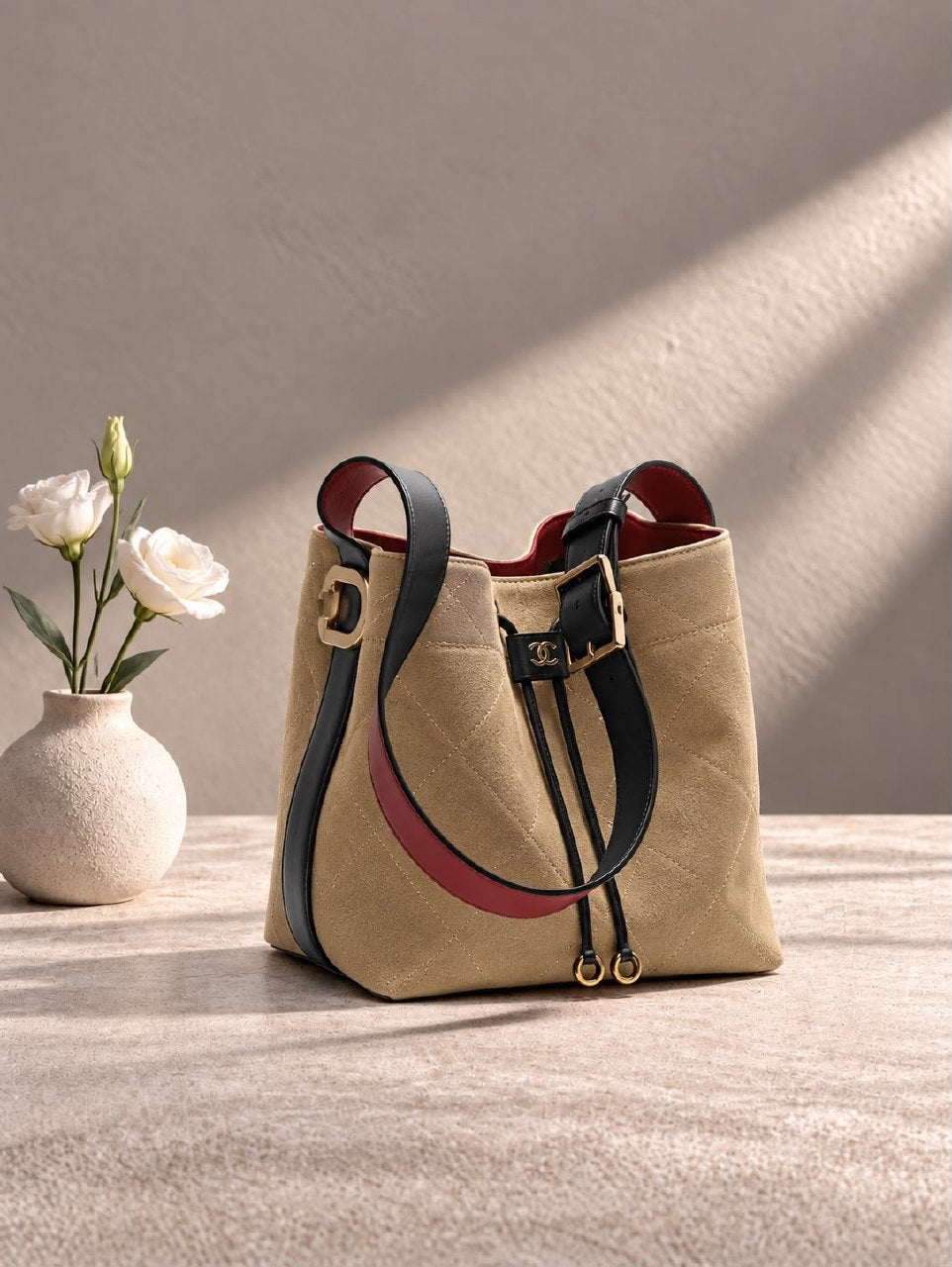 Chanel Buckle Strap Bucket Shoulder Bag - Beige