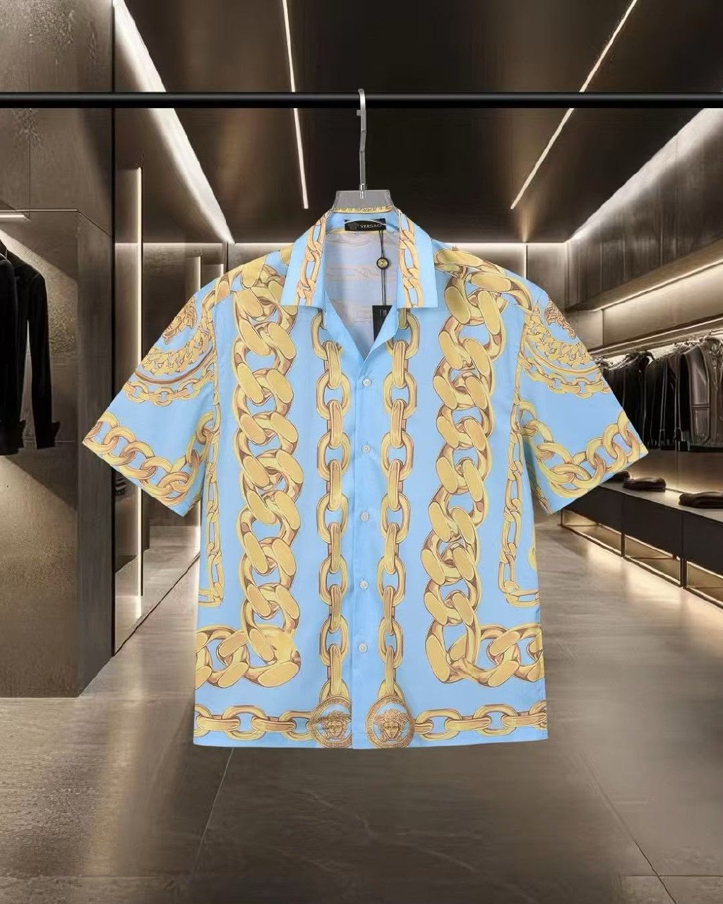 Versace Chain-Frame Polo Shirt - Light Blue