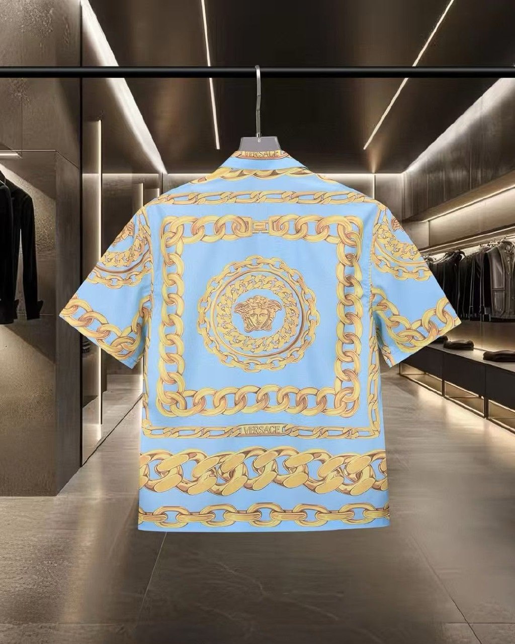 Versace Chain-Frame Polo Shirt - Light Blue
