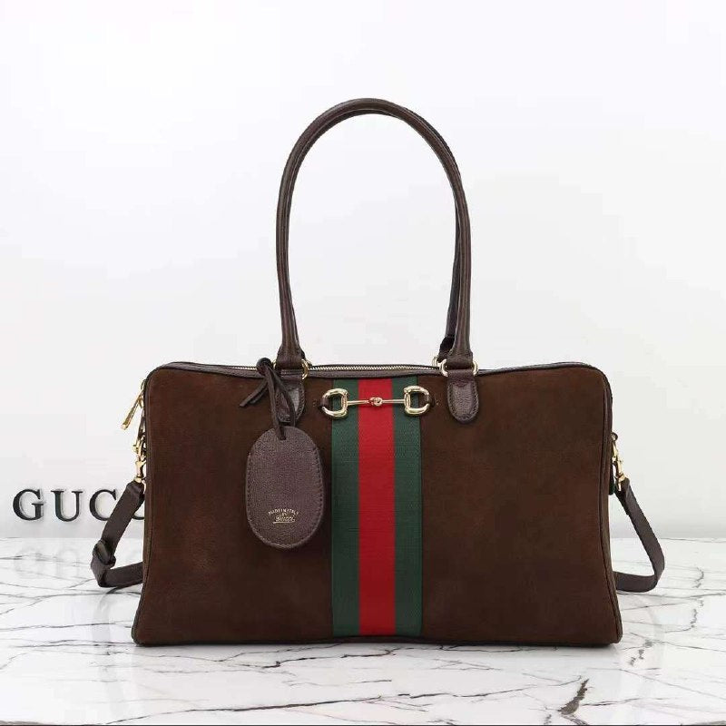 Gucci Web Stripe Structured Handbag - Brown Suede