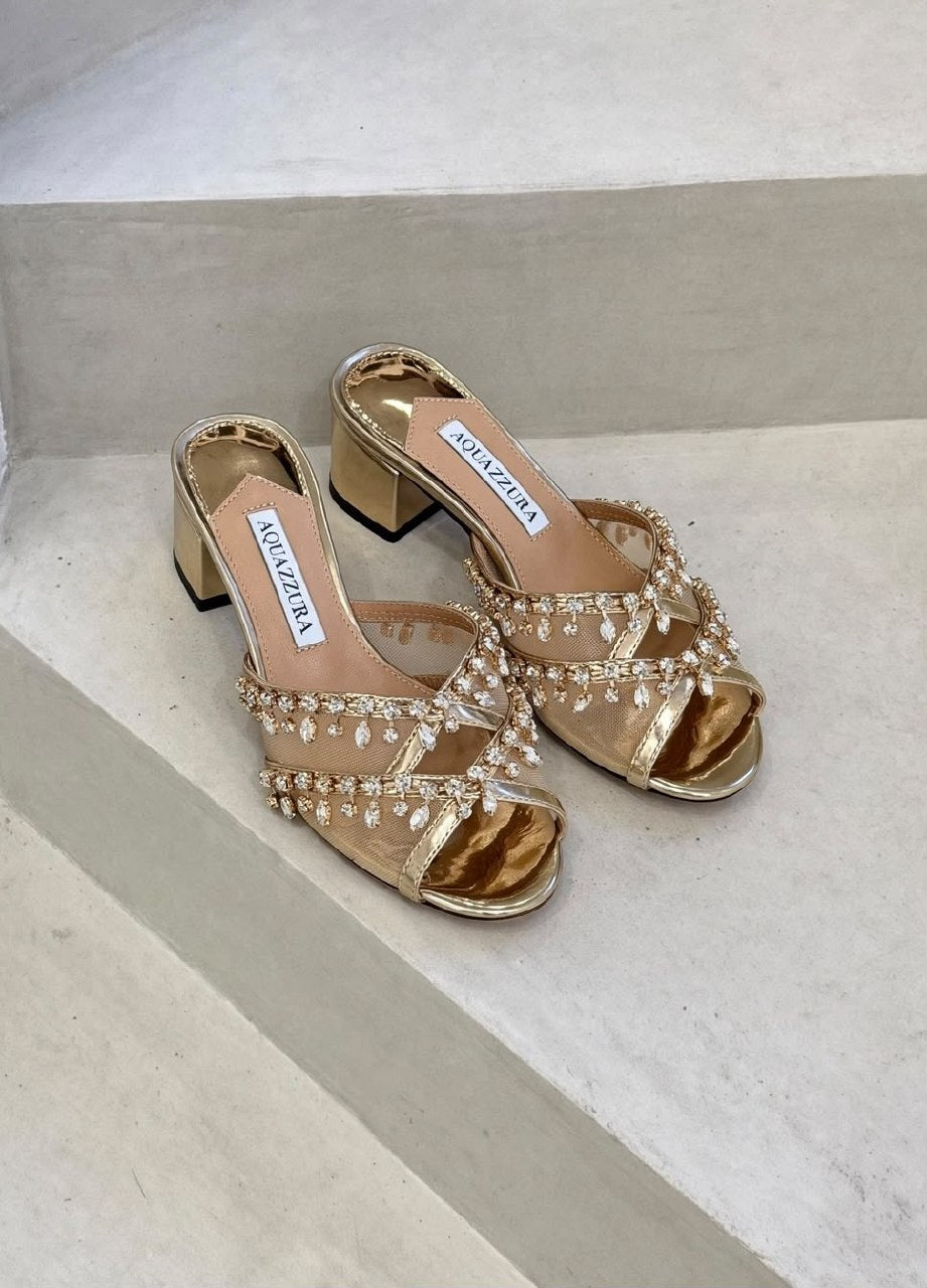 Aquazzura Draped-Strap Heels - Black, Gold, Purple