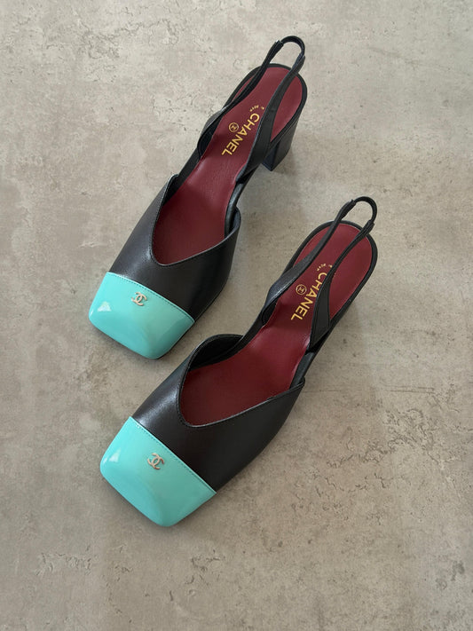 Chanel Square-Toe Slingback Heels - Black & Light Blue