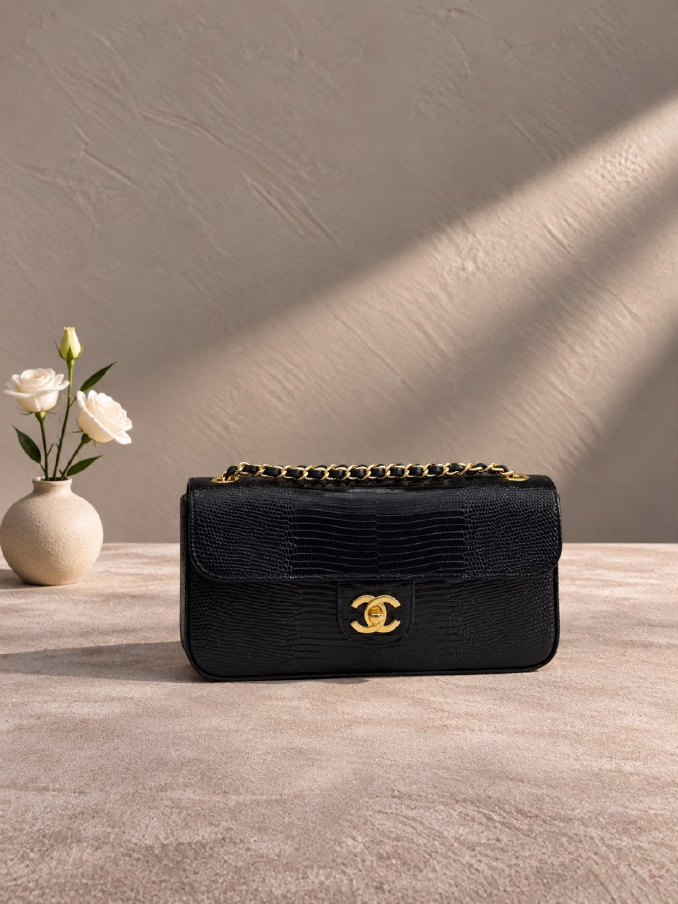 Chanel Chain Flap Shoulder Bag - Black Embossed