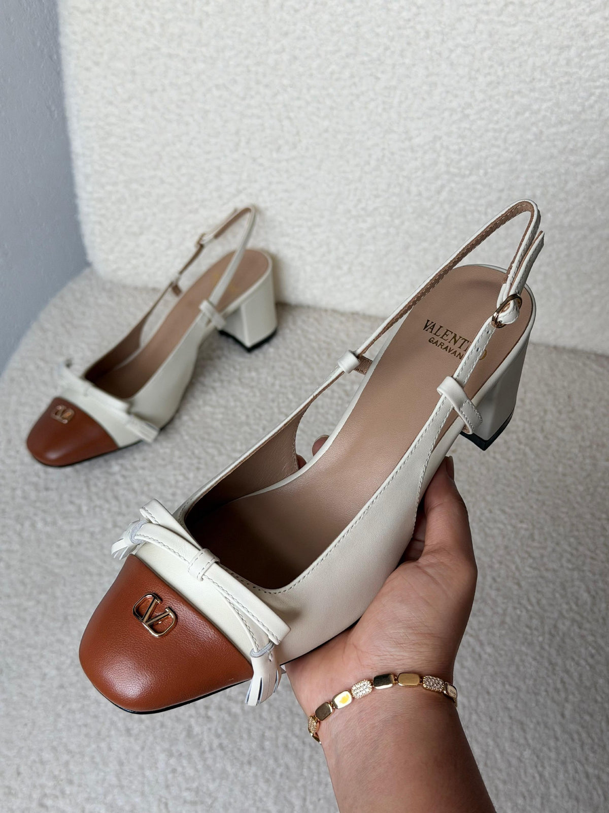 Valentino Slingback Heels - White & Brown