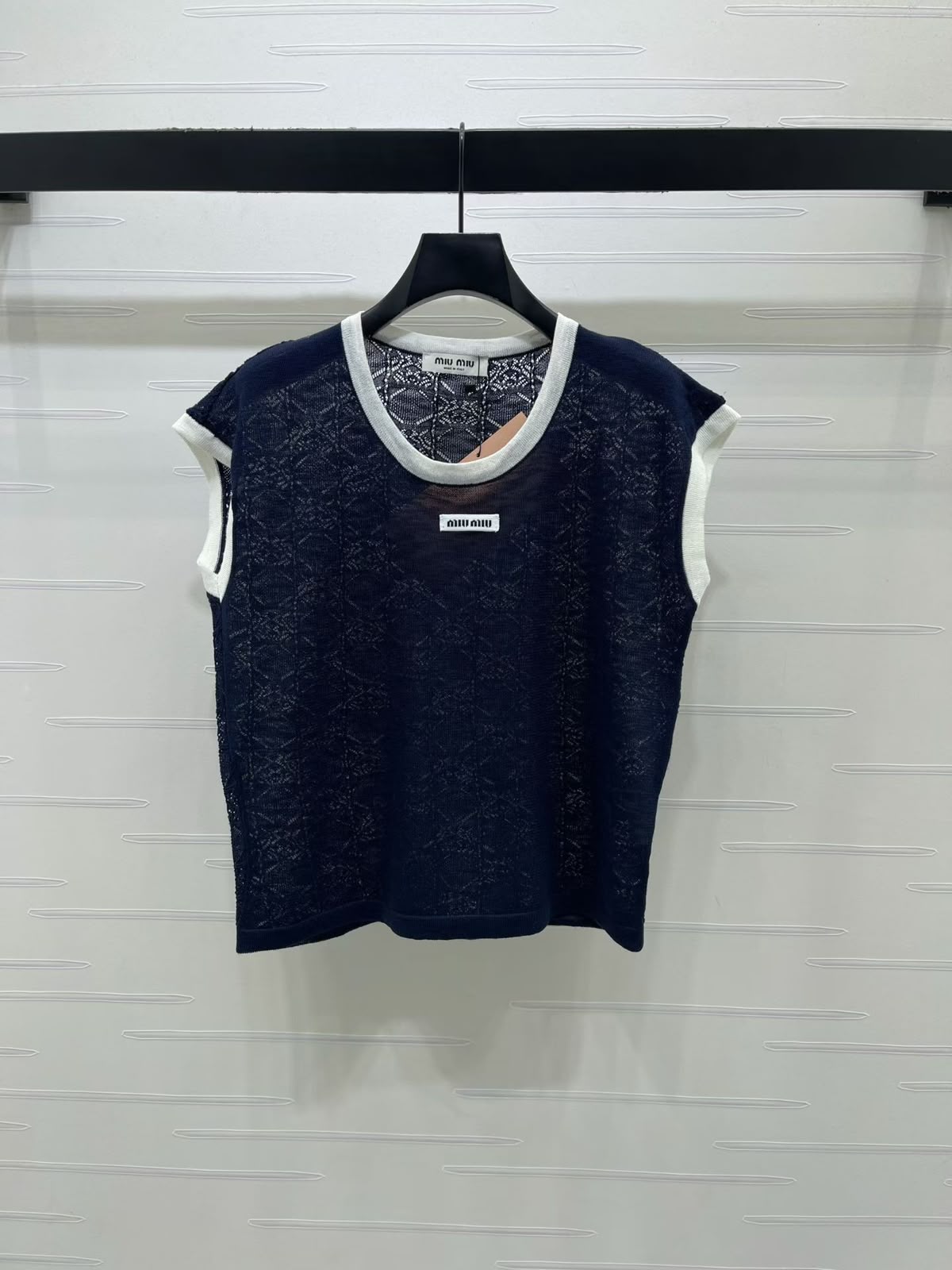 Miu Miu Openwork Knitted T-Shirt - Navy