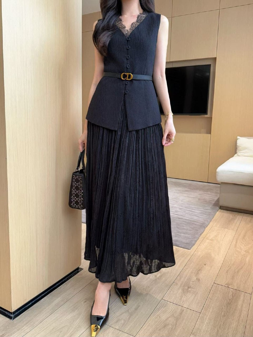 Dior Lace-Trim Buttoned Set - Black