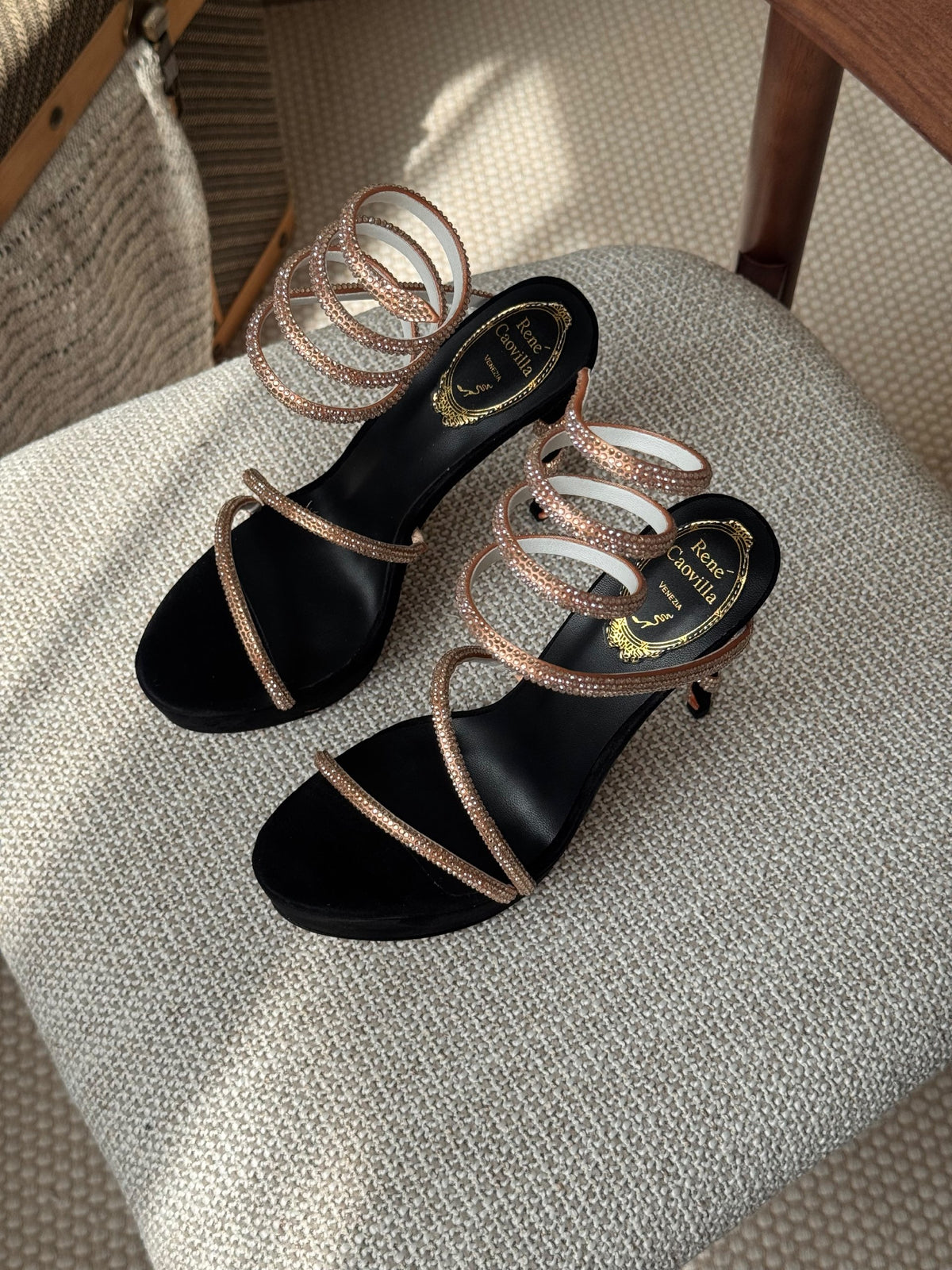 Rene Caovilla Spiral-Strap Heels - Black