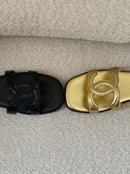 Chanel Slippers Double-Strap - Black, Gold
