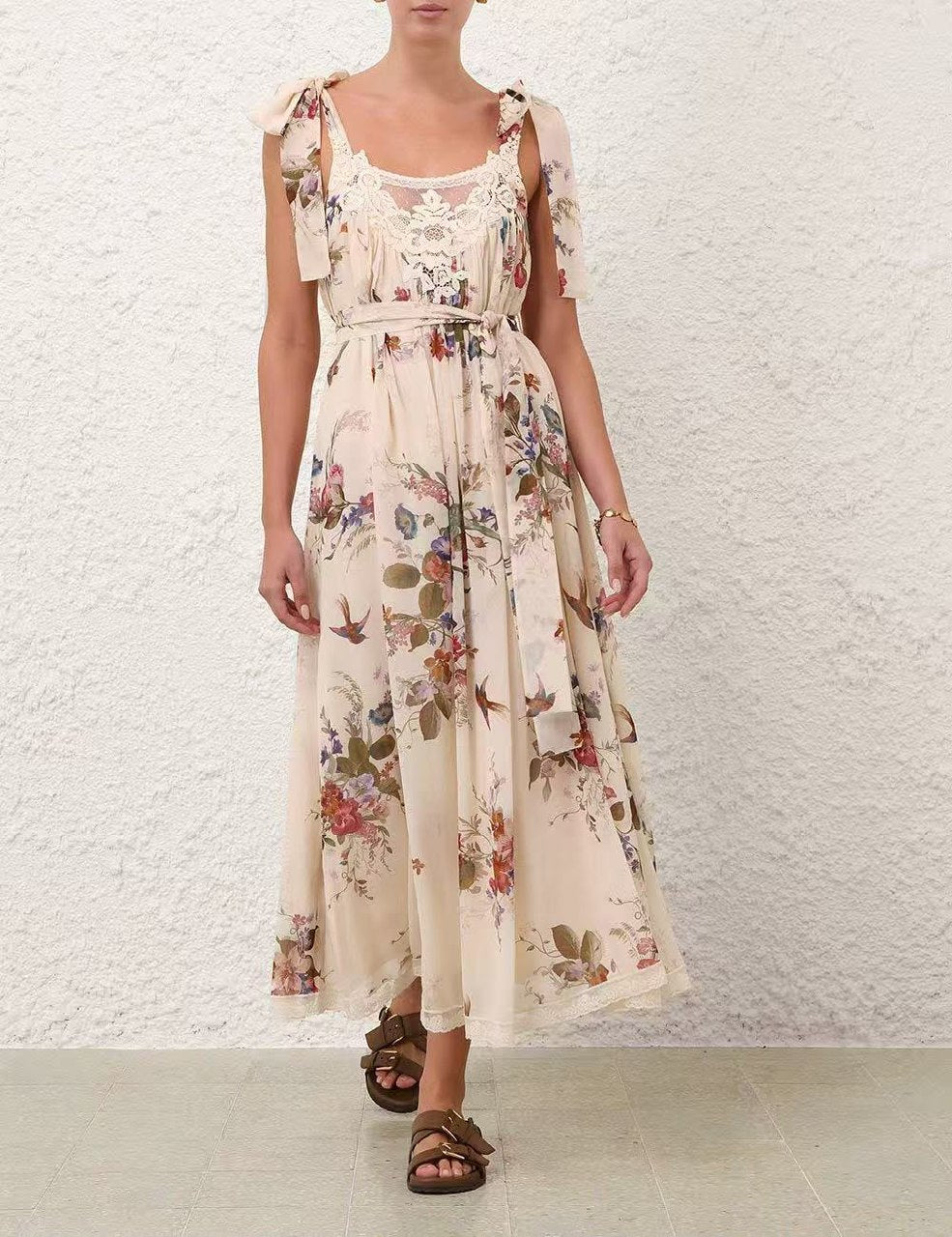 Zimmermann Tie-Shoulder Floral Dress - Beige