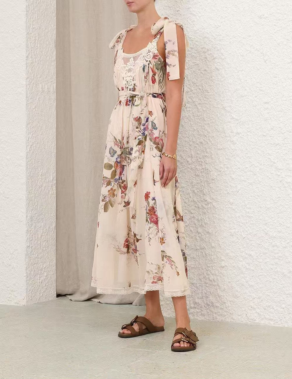 Zimmermann Tie-Shoulder Floral Dress - Beige