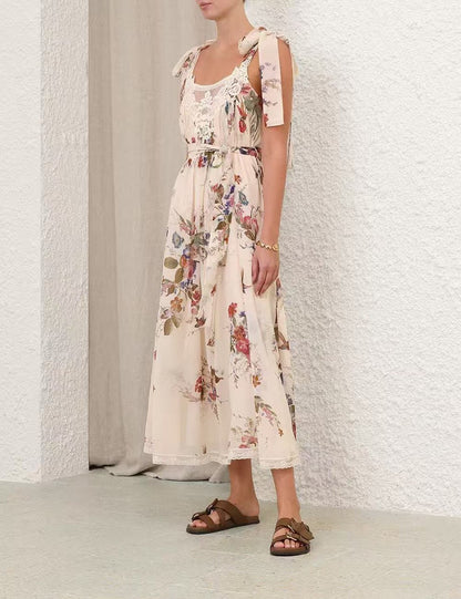 Zimmermann Tie-Shoulder Floral Dress - Beige