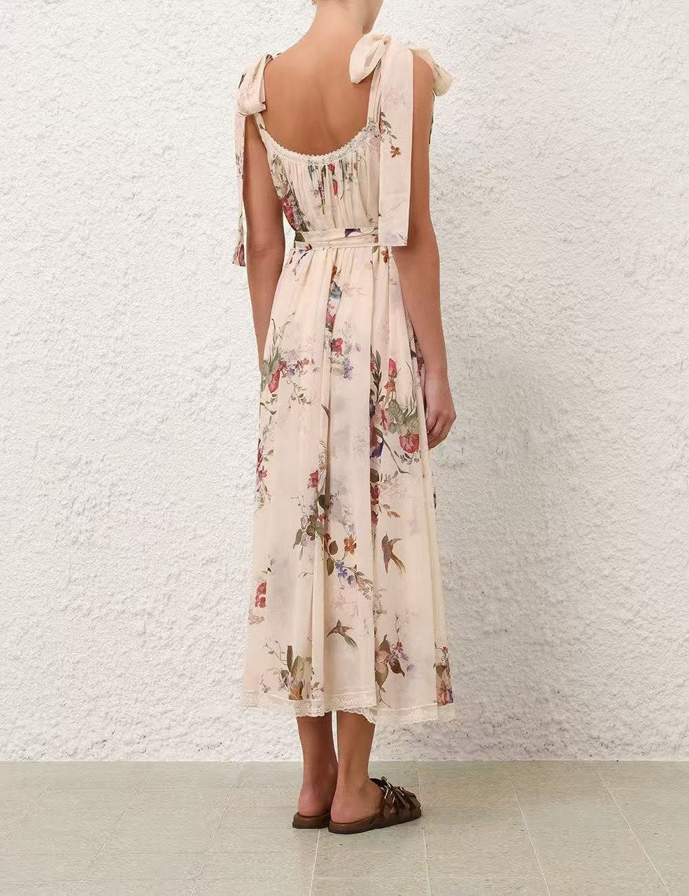 Zimmermann Tie-Shoulder Floral Dress - Beige