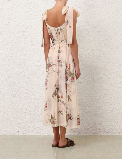 Zimmermann Tie-Shoulder Floral Dress - Beige