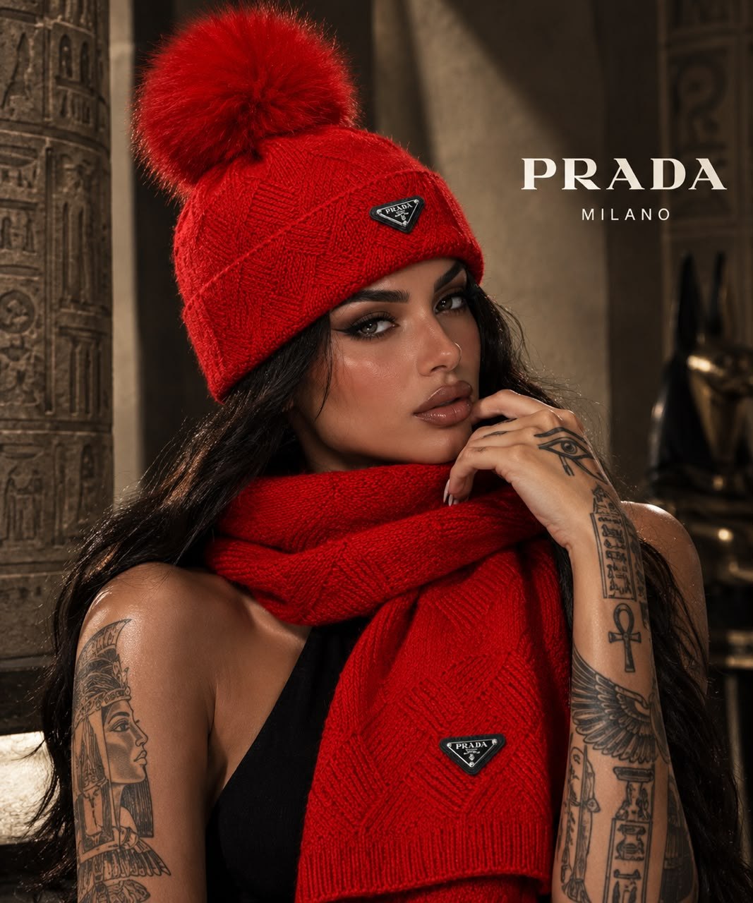 Prada Scarf & Beanie - Red