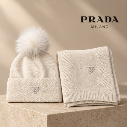 Prada Scarf & Beanie - White