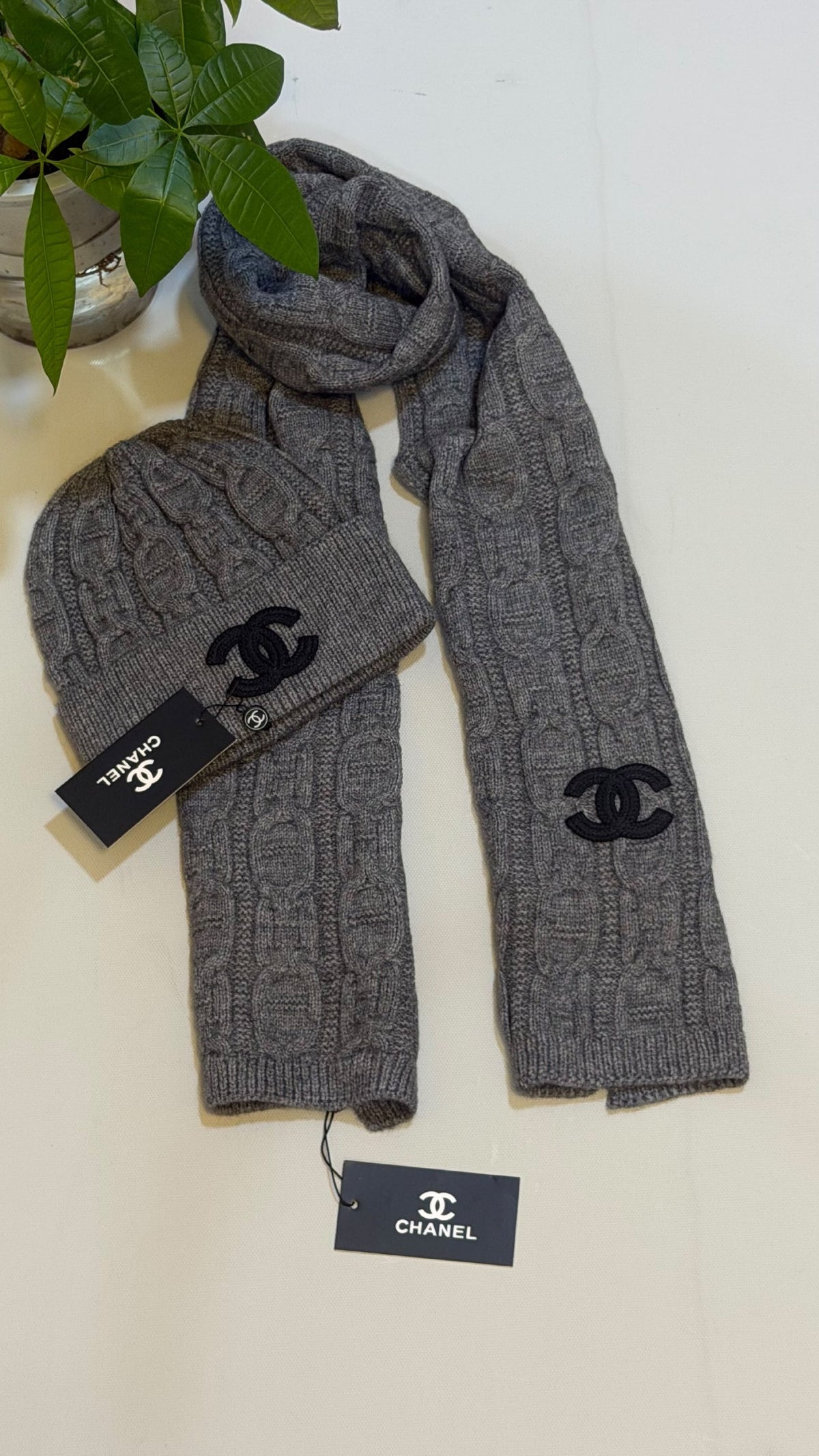 Chanel Cable Knit Scarf & Beanie - Grey