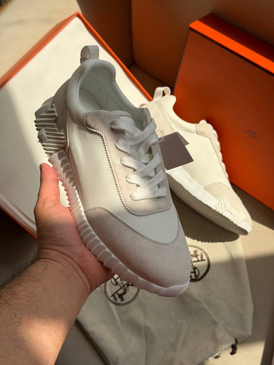 Hermès Ribbed-Sole Sneakers - White & Beige