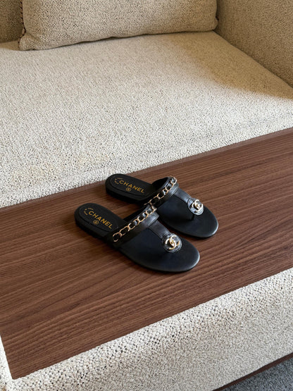 Chanel Chain Strap Slippers - Black