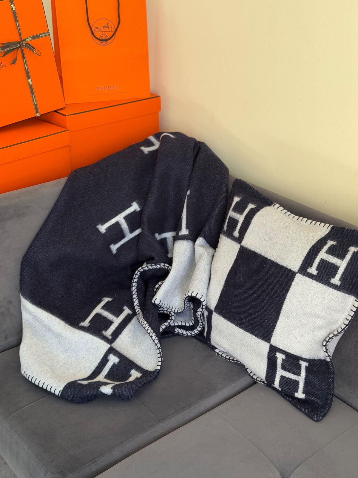 Hermès Blanket Set Checker - Navy