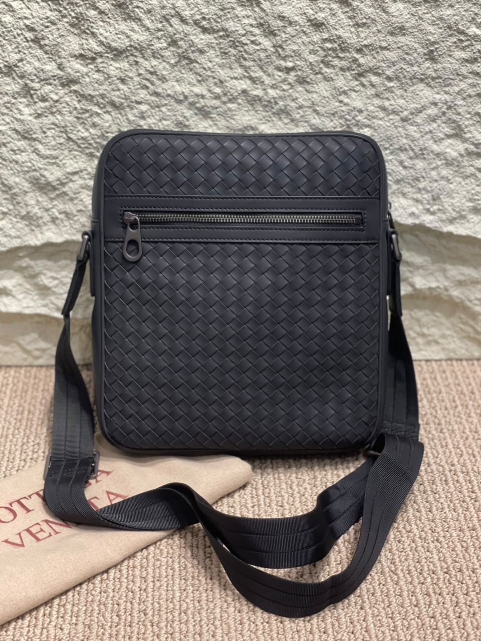 Bottega Veneta Front-Zip Crossbody Bag - Black Embossed