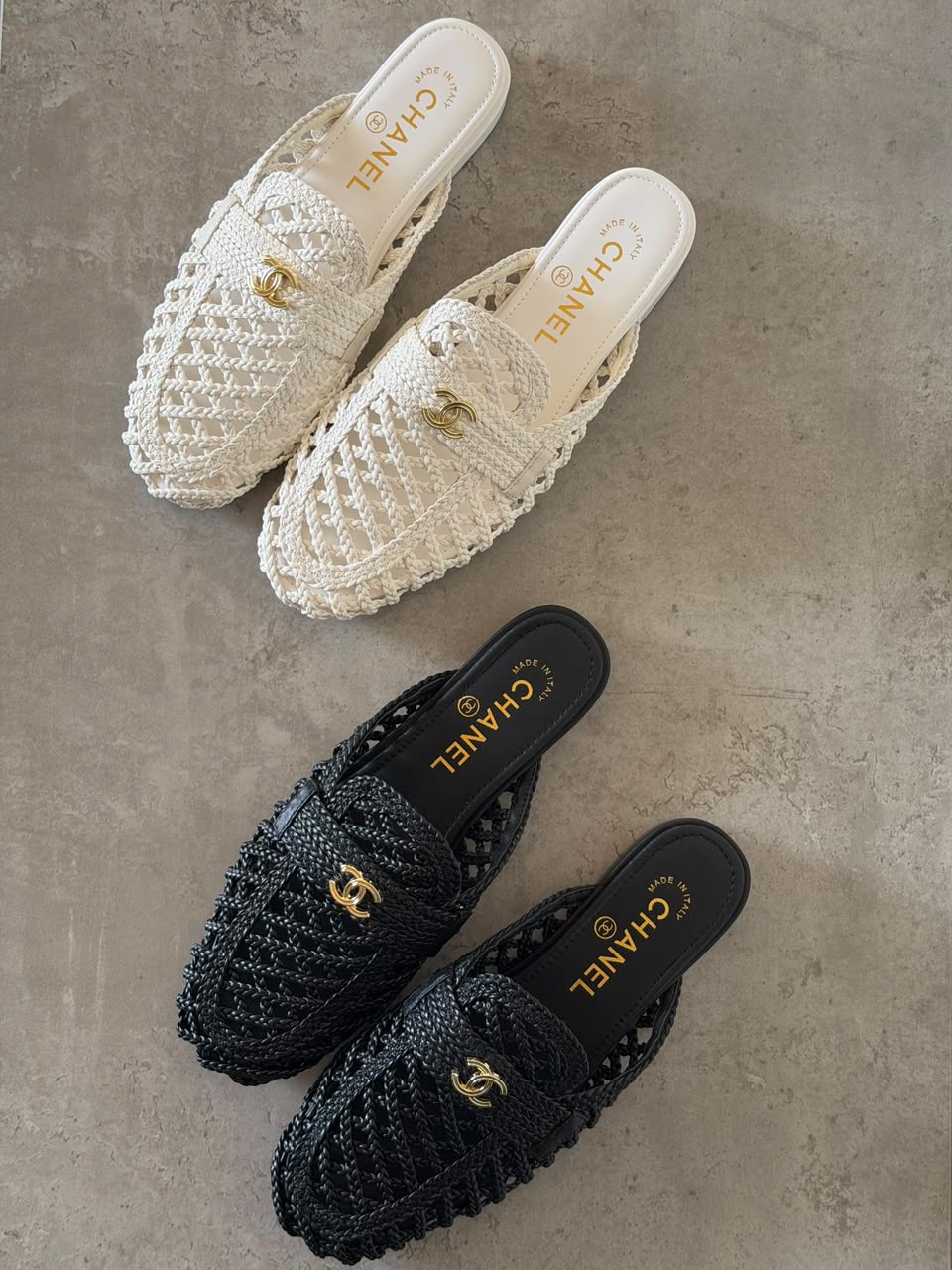 Chanel Woven Mesh Mules - Black, White