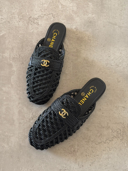 Chanel Woven Mesh Mules - Black, White