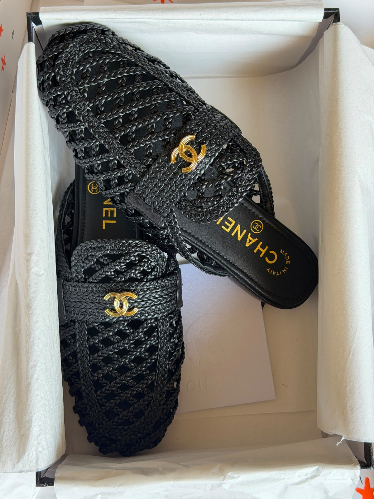 Chanel Woven Mesh Mules - Black, White