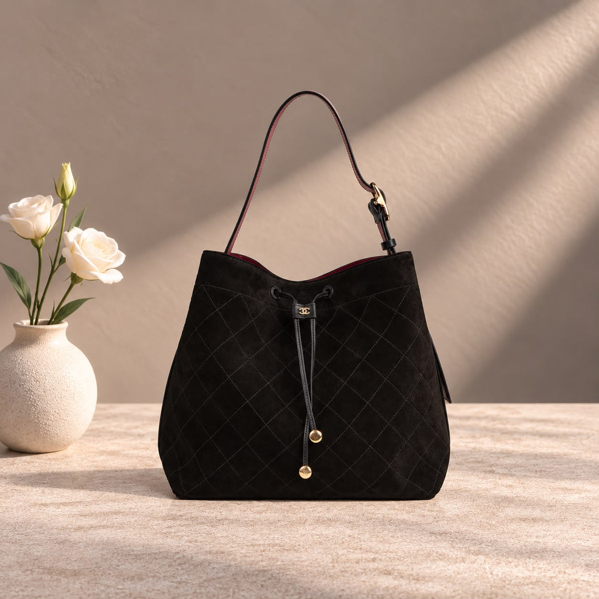 Chanel Quilted Drawstring Shoulder Bag - Black