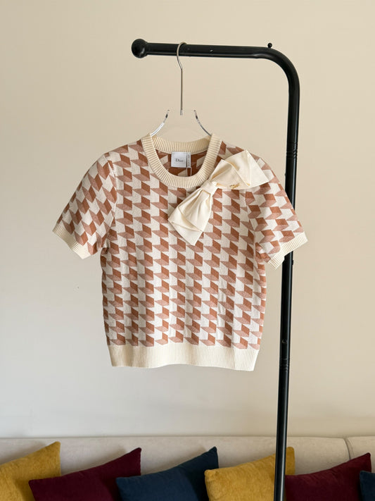 Dior Bow-Detail Knitted T-Shirt - Beige
