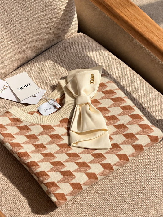 Dior Bow-Detail Knitted T-Shirt - Beige