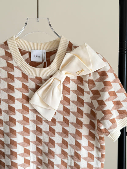 Dior Bow-Detail Knitted T-Shirt - Beige
