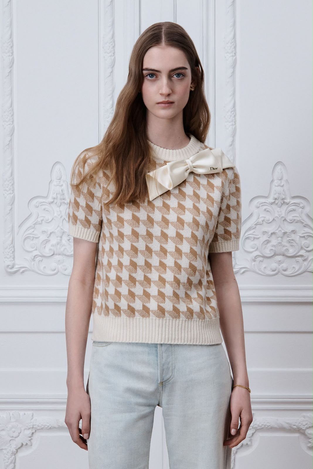 Dior Bow-Detail Knitted T-Shirt - Beige