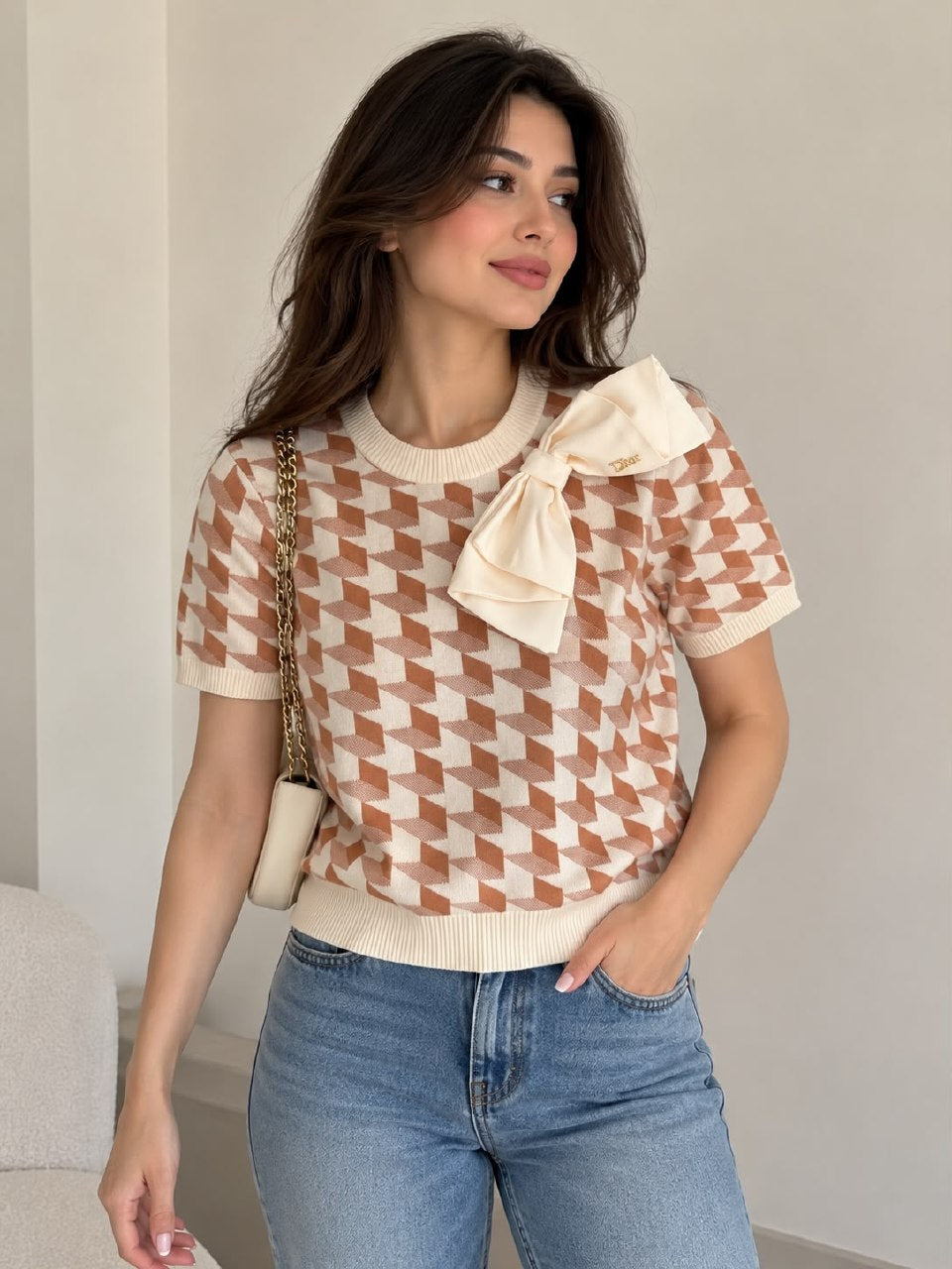 Dior Bow-Detail Knitted T-Shirt - Beige