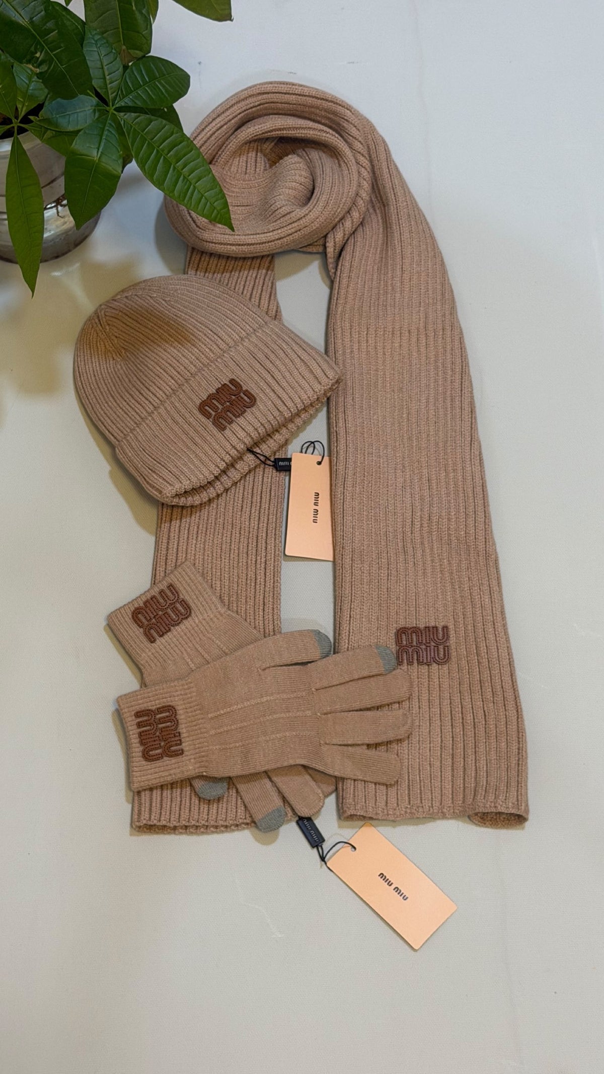 Miu Miu Scarf & Beanie - Beige