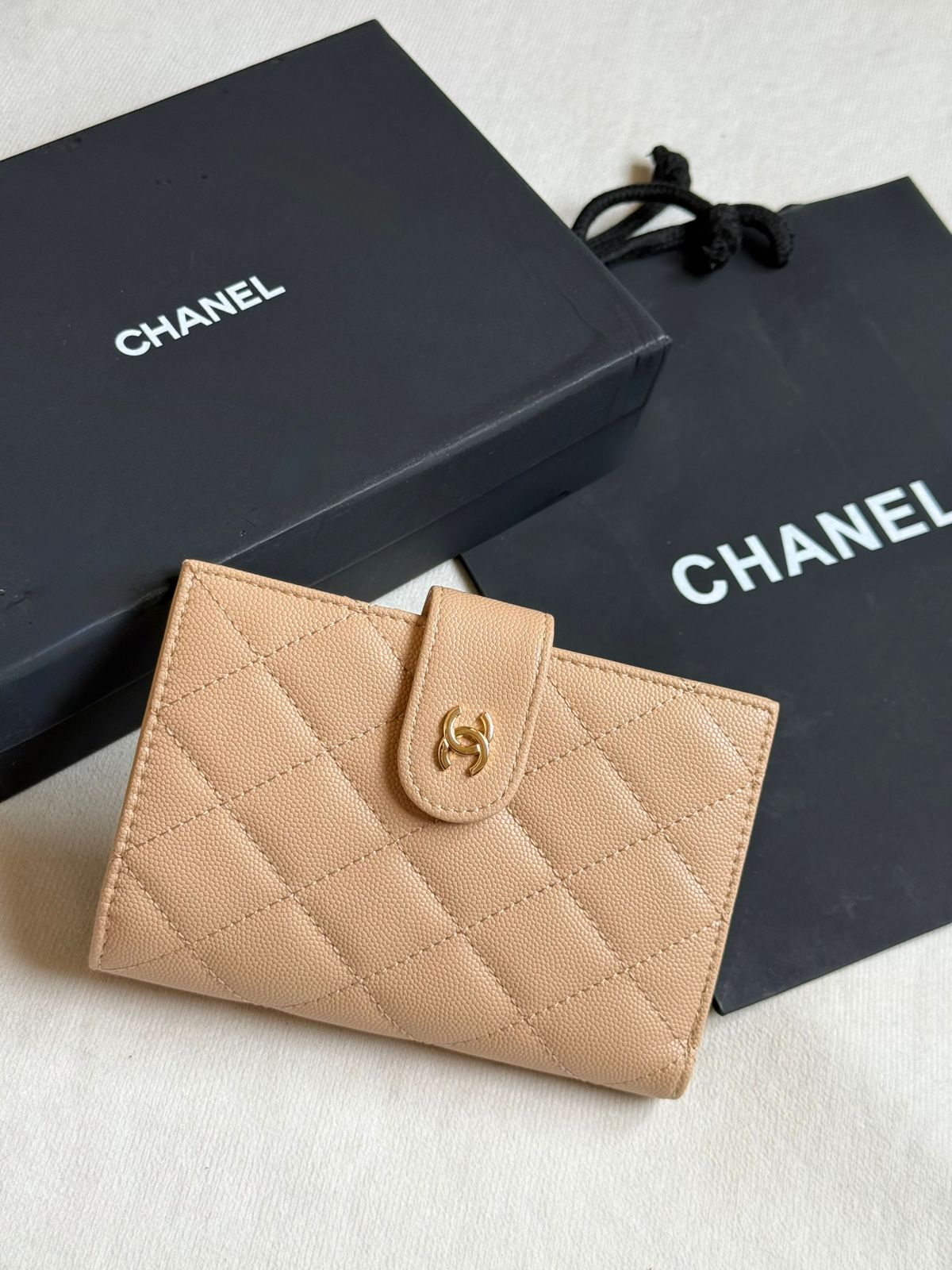 Chanel Diagonal-Quilted Wallet - Beige