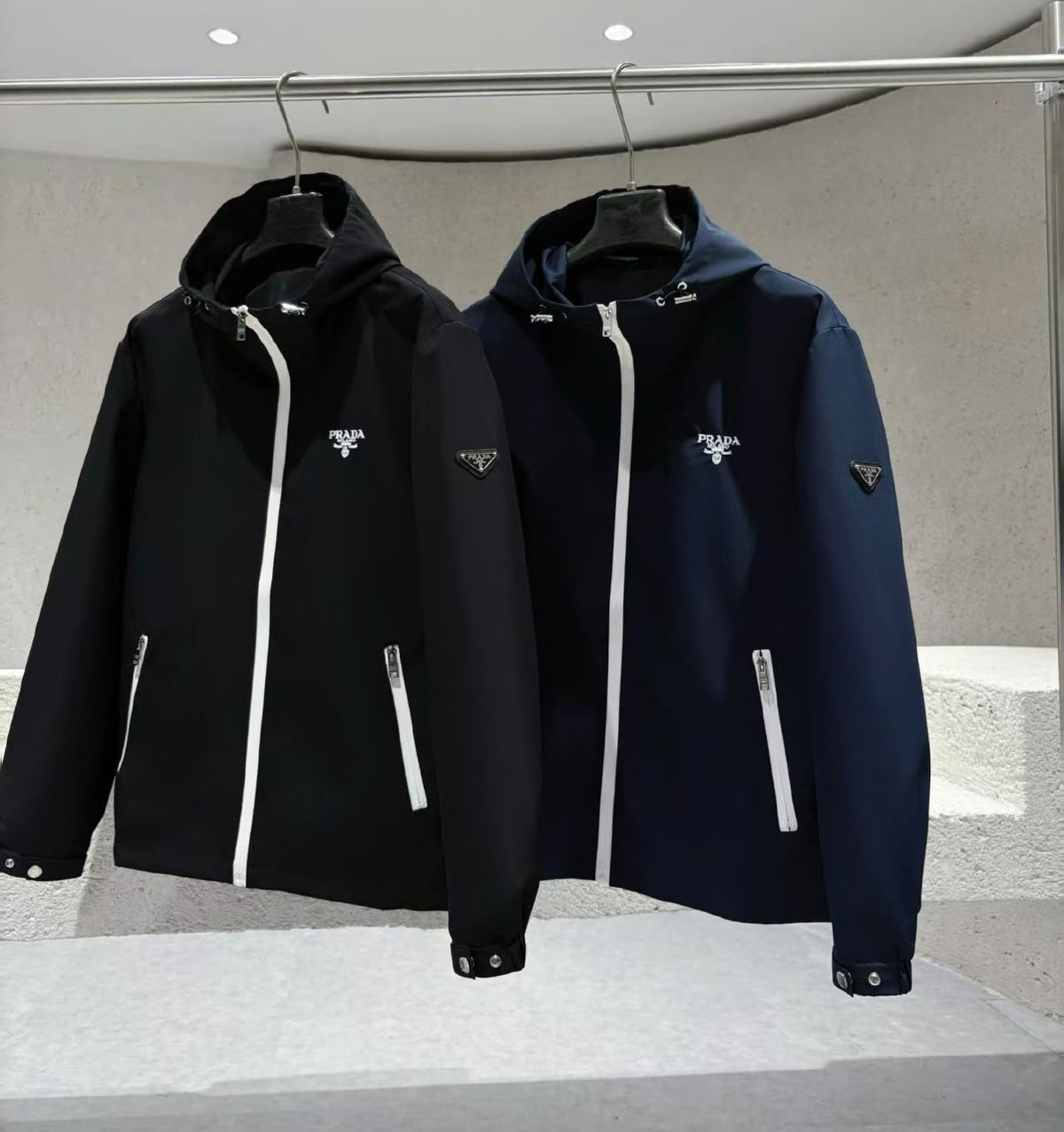 Prada Contrast-Zip Hooded Jacket - Black, Navy