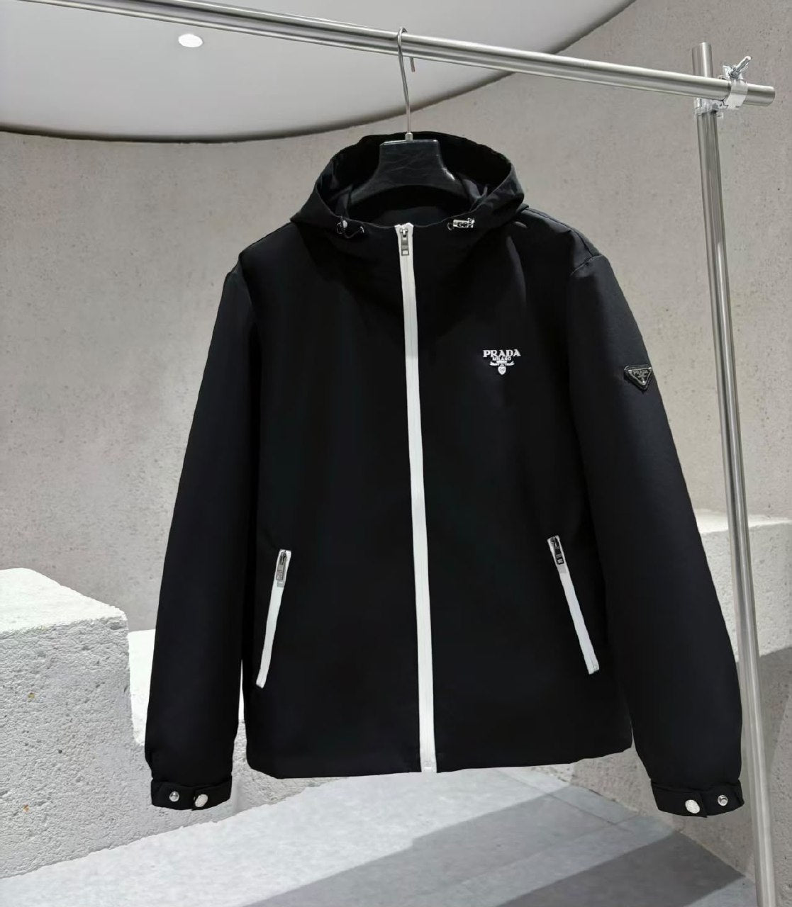 Prada Contrast-Zip Hooded Jacket - Black, Navy